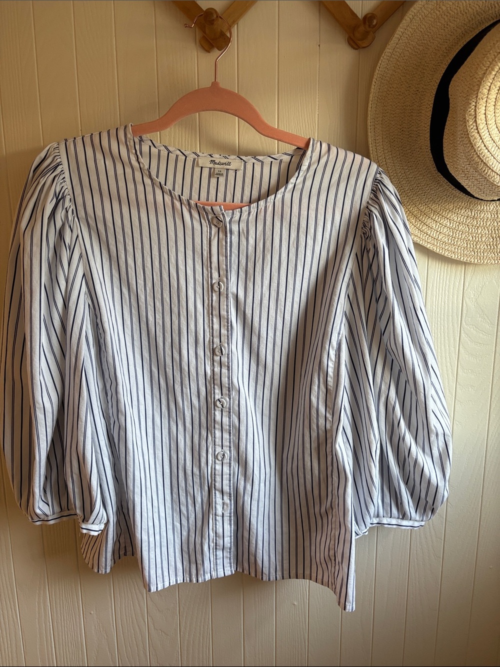 Madewell White Button-Front Top with Navy Pinstripes and Puff Sleeves